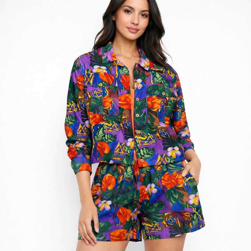 Pat Argenti Vintage 100% Silk Jacket & Shorts Set Multicolor Jacket S Shorts M